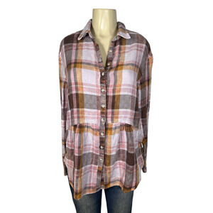 Free People Shirt Womens Small Pink Brown Plaid Peplum Button Front OB514817